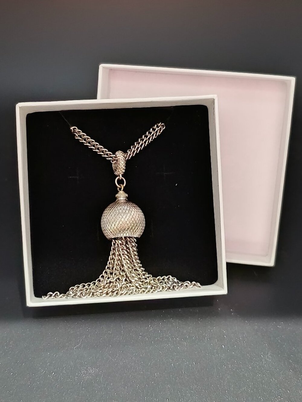 Vintage Monet Silver Tone Double Chain Ball Tassel Necklace